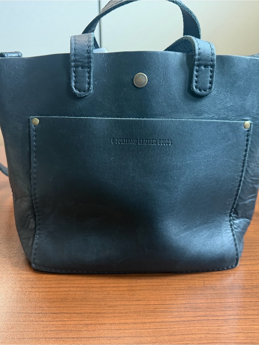 Portland Leather Black Compact Leather Tote with Front Pocket